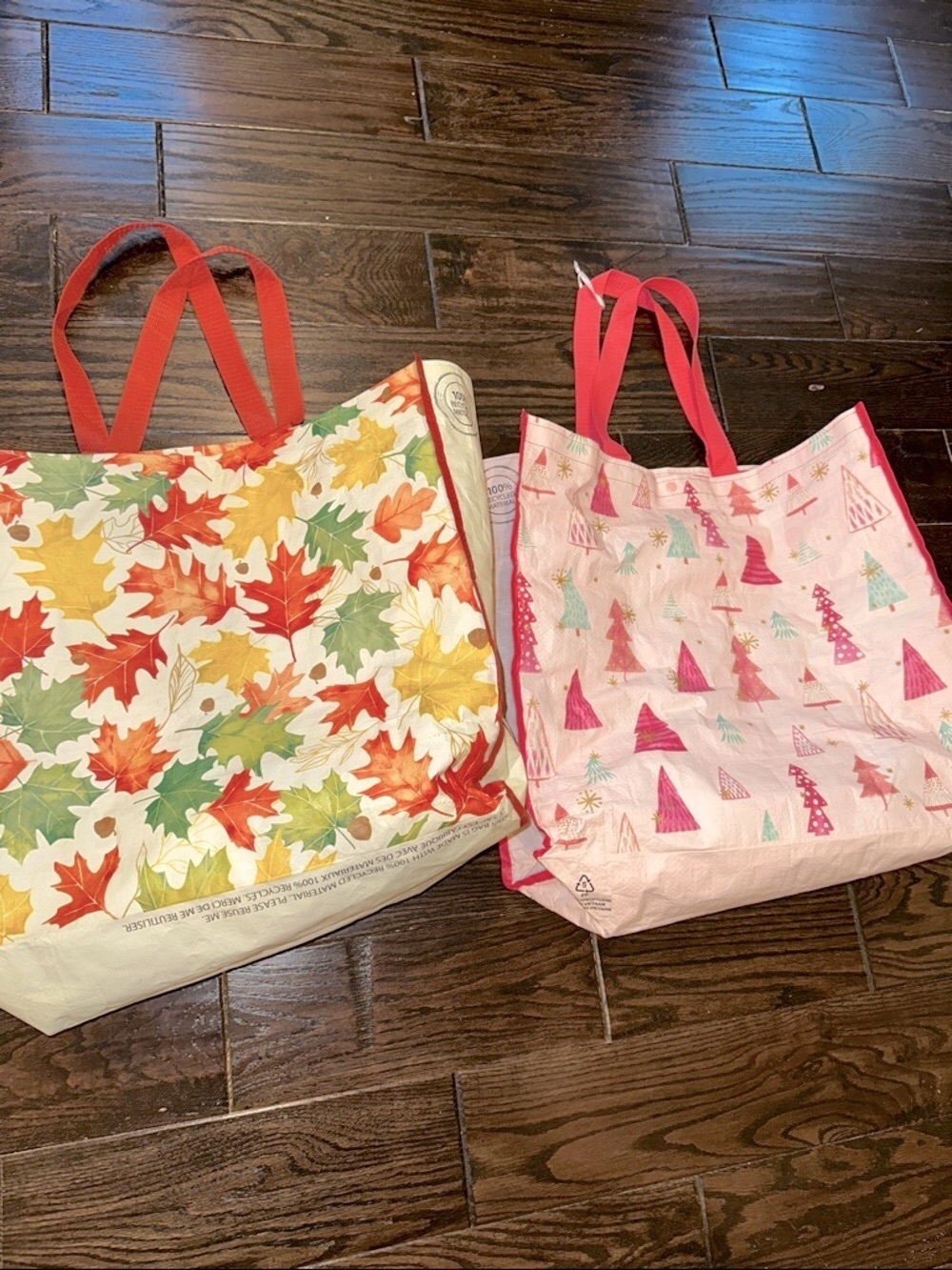 2 Reusable Tote Bags - Autumn Leaves and Pink Christmas Tree Prints